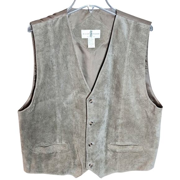 Vintage River Trader Brown Leather Button Front Men Large 90's Vest - Picture 1 of 4